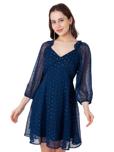 Zink London Women's Blue Self Design A-Line Short Dress