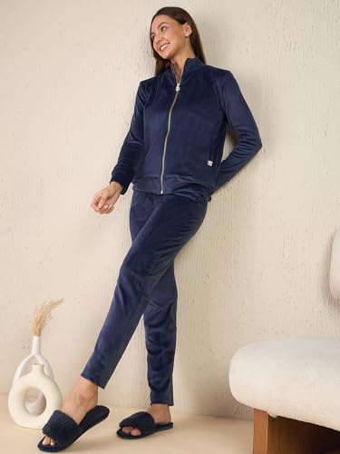 Sweet Dreams Women's Solid Velour Spandex Front Open Pyjama Set