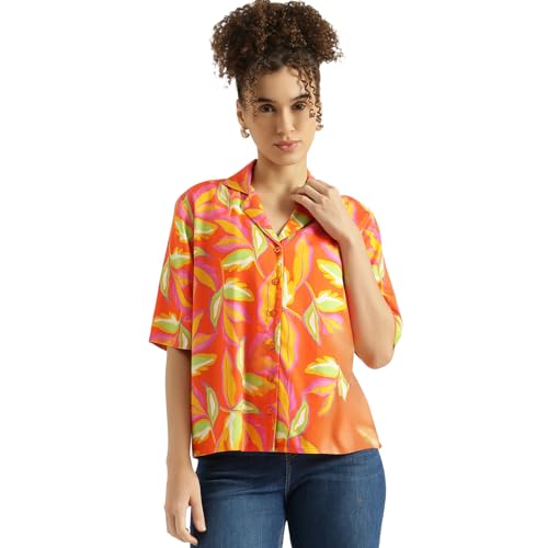 United Colors of Benetton Regular Fit Resort Collar Floral Print Shirt (Size: M) - 26P5WVNTP349I901 Orange