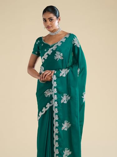 AKHILAM Women's Teal green Pure Chiffon Ethnic Motif Embellished Saree With Unstitched Blouse Piece (ANIKA2302_AG)