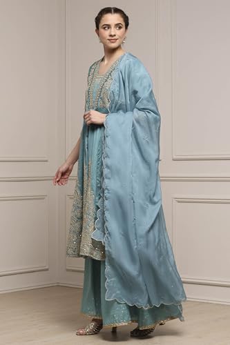 Biba Women Blue Silk Chanderi Anarkali Suit Set_42