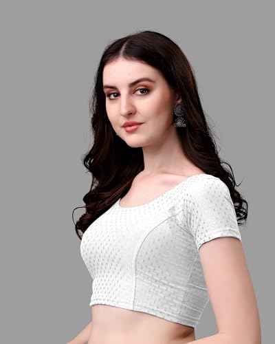 Kipzy Women's Cotton Stretchable Saree Blouse – Round Neck, Short Sleeves, Readymade Slim Fit Blouse for Women (White, 28)