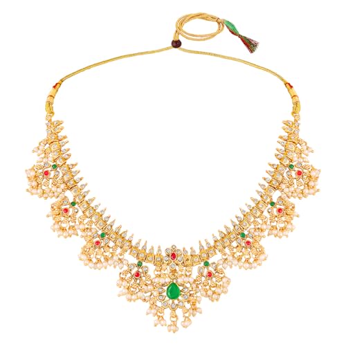 Peora Gold Plated Faux Emerald Faux Ruby & Beads Studded Choker & Long Necklace Earrings Set Ethnic Bridal Jewellery for Women