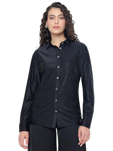 GUESS Eliana Shiny Crystal Slinky Jet Black Embellished Spread Collar Regular Fit Shirt