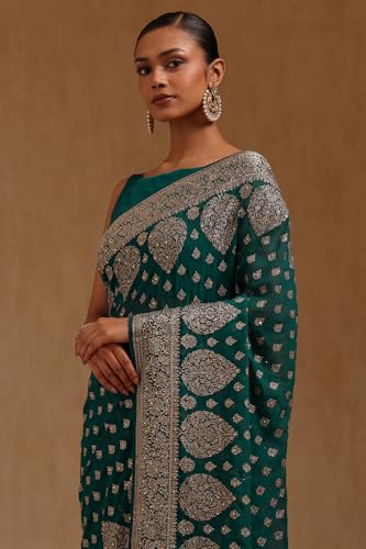 Soch Womens Turquoise Blue Georgette Embroidered Saree With Stone Work