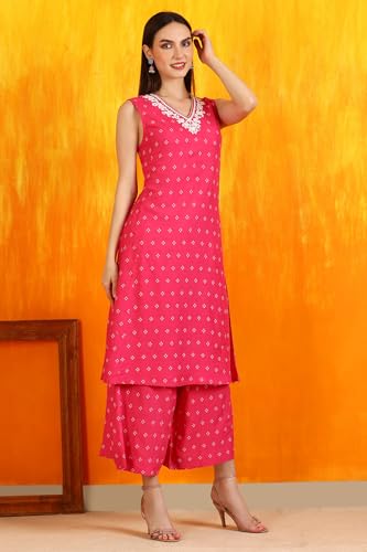 W for Woman Pink Embroidered Shantung Sleeveless Kurta, Cropped Pants and Dupatta Set (Size: M)-WS12730-125179