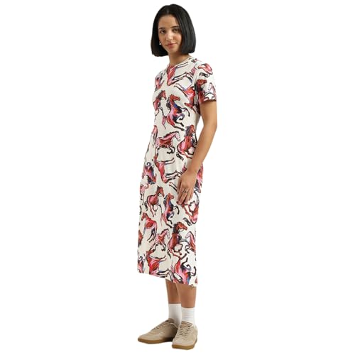 United Colors of Benetton Round Neck Animal Print Knit Dress - (Size:XS) - 26P3E98W3G74I901 White