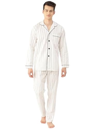 Hancock Men Pure Cotton Striped Pyjama Set White-M