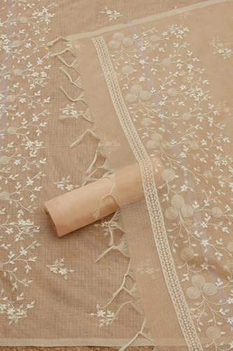 Soch Womens Beige Kota Shimmer Embroidered Unstitch Dress Material With Thread Work
