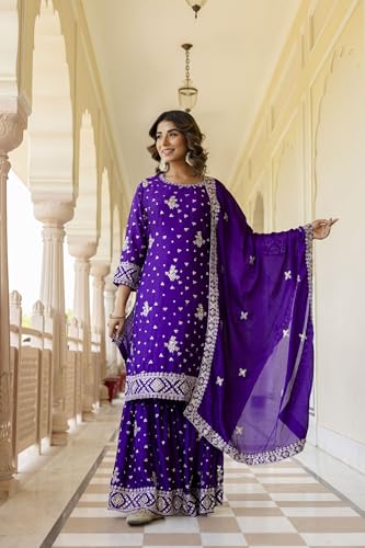 Leeli Peeri Designer Women's Chinon Embroidery Work Kurta Sharara Set With Dupatta