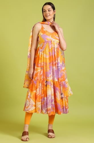 W for Woman Orange Abstract Printed Tiered Spaghetti Kurta and Leggings Set with Dupatta (Size: L)-WS11527-123741
