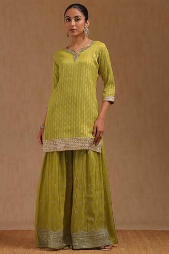 Soch Womens Yellow Tissue Zari Woven Suit Set Sequins