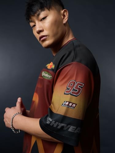 The Souled Store Cars: Lightning McQueen Men and Boys Short Sleeves V-Neck Dark Red Graphic Printed Racing Jersey Casual Lightweight Drop Shoulder Streetwear Trendy Easy Dry Oversized T-Shirt