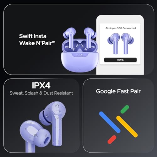 boAt Airdopes 300, Cinematic Spatial Audio, 50H Battery, 4Mic AI ENx, Fast Charge, App Support, Low Latency, IPX4, v5.3 Bluetooth Earbuds, TWS in Ear Earbuds Wireless Earphones with mic (Purple Haze)