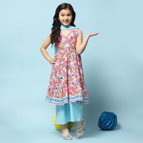 BIBA Girls Voile Printed Narrow Kurta with Pant & Dupatta (Kw5279_Blue_13), 12-13 Years