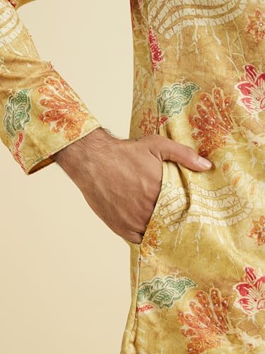 Manyavar Men's Floral Print & Stone Embellished Kurta Pyjama Set (Mustard,XL)