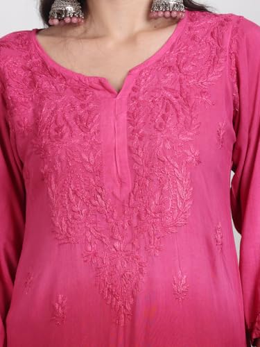 Fashion Chikan Art Women's Lucknowi Chikankari Hand-Embroidered Rayon Dyed Kurta, Palazzo & Dupatta 3-Piece Set | Festive, Ethnic & Causal Suit(XL, Pink)