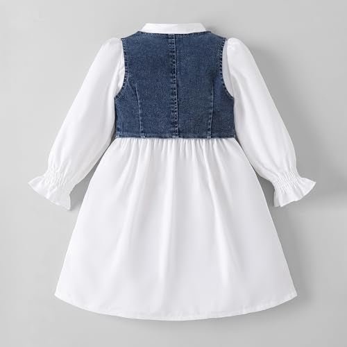 Hopscotch Girls Shirt Collared Dress with Denim Waistcoat in White Color for Age (3-4 Years)