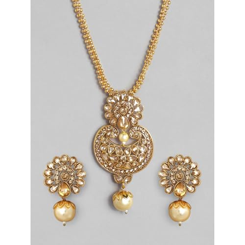 Rubans Women's 22K Gold-Plated Beige Cz-Studded Pearl Beaded Handcrafted Jewellery Set