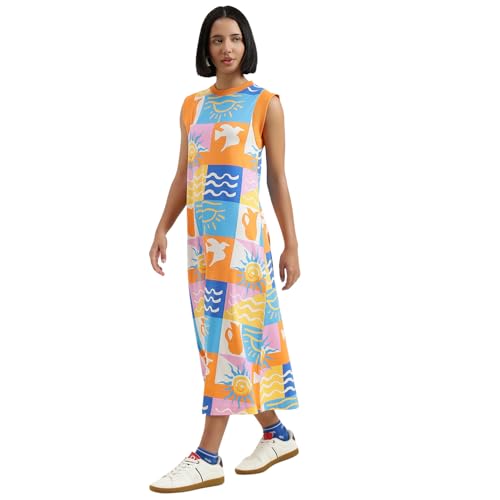 United Colors of Benetton Round Neck Printed Dress (Size : L) - 26P3BL0DV01RG901 Orange