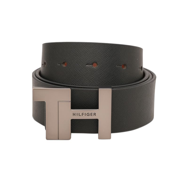 Tommy Hilfiger Men's Belfield Reversible Leather Belt - Th Side Monogram - Dual Black & Tan For Casual Fashion & Gifting | Size M - 90 CM