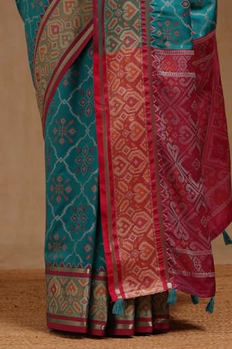 Soch Womens Turquoise Blue Silk Blend Patola Print Saree
