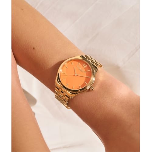 Olivia Burton Starlight Colour Qtz Basic Orange Round Dial Women's Watch|Ionic Plated Thin Gold Steel Material|Gold Color Band - 24000158