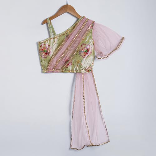 Hopscotch Girls Asymmetrical Yellow 2-Pc Ruffle Embellished Lehenga Choli Set For Ages (6-7 Years)