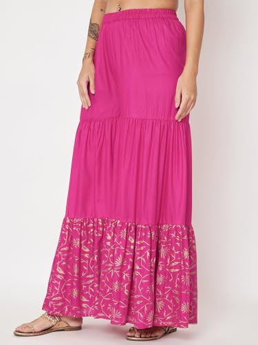 studio rasa Women's Cotton Blend Solid Tiered Sharara for Festive Casual Party(BTWC524RC01L_Pink_Large)