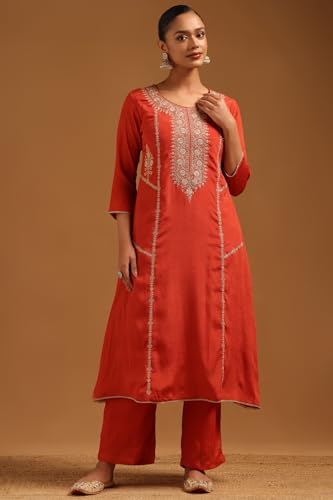 Soch Womens Rust Chinon Zari Embroidered Salwar Suit