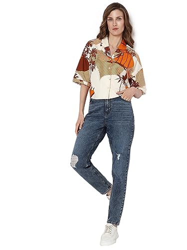 VERO MODA Women Tropical Cotton Regular Fit Orange Shirt