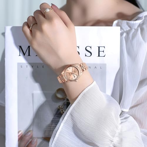 NIBOSI Watches for Woman Analog Quartz Stainless Steel Diamond Rose Gold Green Small Dial Women Watches Classic Wrist Watch Date Waterproof (A06-Rose Gold)