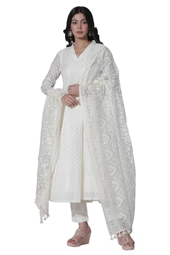 W for Woman Off-White Cotton Blend Anarkali Embroidered Kurta, Straight Pants and Dupatta Set (Size: 3XL)-24FESP10670-313617
