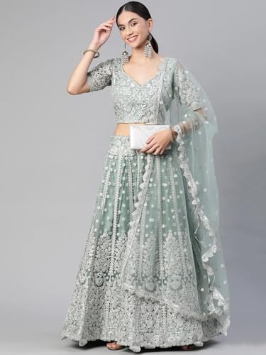 Zeel Clothing Women's Zari Sequins Embroidered Work Soft Net Lehenga Choli With Dupatta (6013-Pista-Women-Lehenga-Choli; Free size) (Pista)