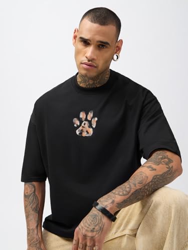 The Souled Store Pets On Prints: Wild Heart Men and Boys Short Sleeve Round Neck Black Graphic Printed Casual Lightweight Drop Shoulder Streetwear Trendy Super Oversized T-Shirt