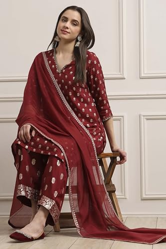 Biba Women Green-Maroon Viscose Gathered Yarndyed Suit Set_42