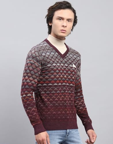 Monte Carlo Mens Wine Self Design V Neck Full Sleeve Pullover (1243195VN-2-44)