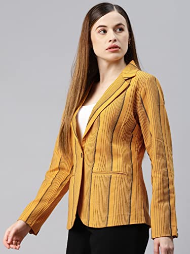 Cottinfab Women Yellow & Black Striped Blazer Single-Breasted