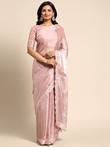 Rekha Maniyar Women's Gota Mirror Work With Diamond Cutwork Organza Silk Gajari Saree With heavy Foil Zari Embroidered Blouse Piece (GAJARI)