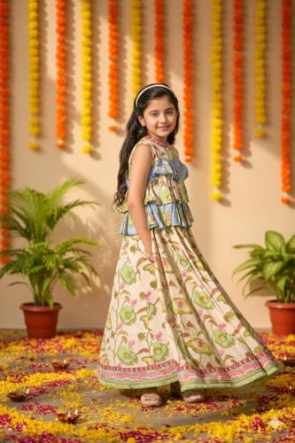 Naixa Girl's Rayon Floral Pattern Lehenga Choli Set with Sleeveless Round Neck and Elastic Closure Type| Ready to Wear Lehenga Choli Set
