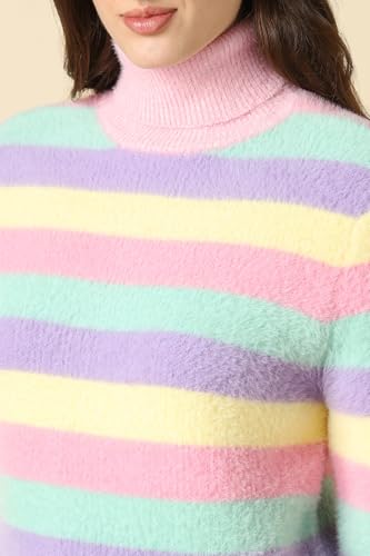 Women Multi Stripe Turtle Neck Casual Sweater