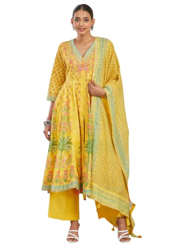 BIBA Printed Cotton Kalidar Casual Kurta With Palazzo And Dupatta