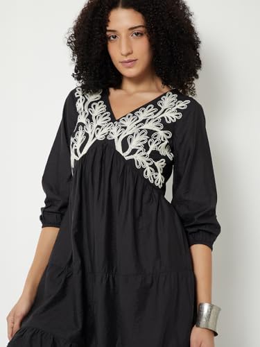 Max Women Embroidered Tiered Dress (Black_M)