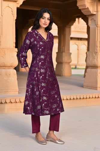 W for Woman Floral Printed Jacquard A-Line Kurta with Straight Pant and Dupatta Set - Purple (WS13245-314312-XL)