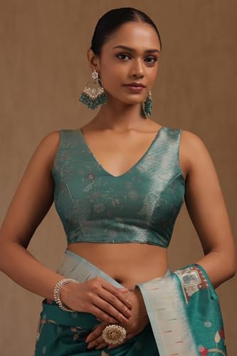 Soch Womens Teal Tussar Floral Print Saree