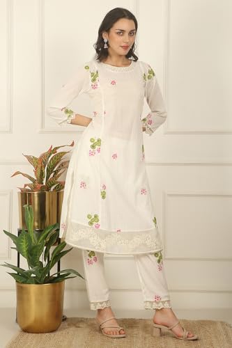 W for Woman White Floral Printed Checker Cotton A-line Kurta, Pants and Dupatta Set (Size: 2XL)-WS12519-125534