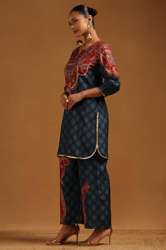 Soch Womens Blue Muslin Ethnic Motifs Co-Ords Set With Sequins