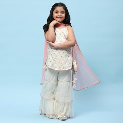 BIBA Girls Cotton Embroidery Relaxed Kid Top With Palazzo Set(KW5093_CREAM_7), 7-8 Years