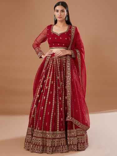 Zeel Clothing Women's Zari With Sequins Embroidered Work Organza Designer Lehenga Choli with Dupatta (7069-Red-Womens-Lehenga-Choli-Latest; Free Size) (Red)