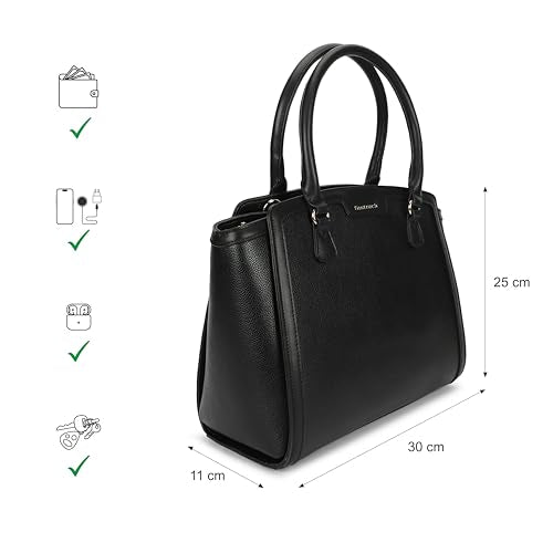 Fastrack Black Core Satchel | Women’s Faux-Leather Handbag in Black | 2 Compartments, Zipper Pockets, External Pocket & Detachable Strap | Gold Hardware